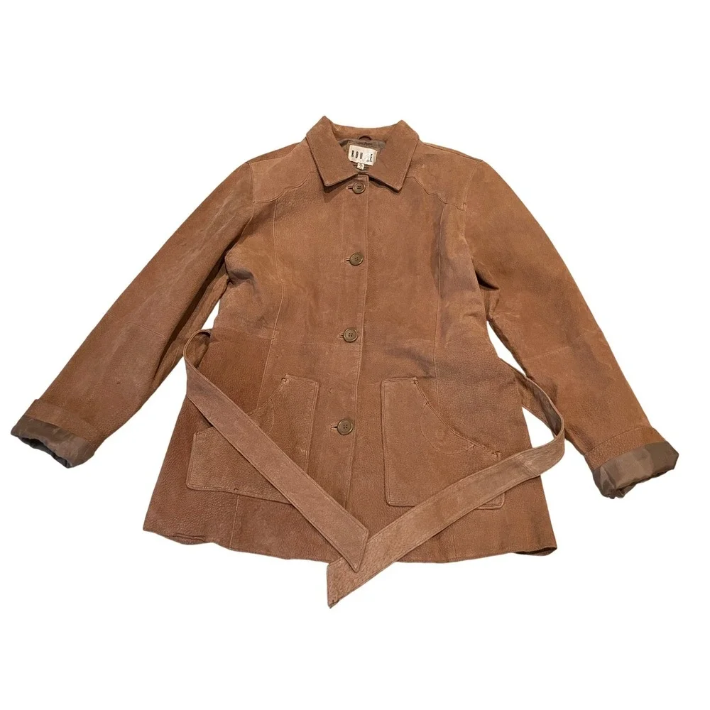 Rouge Leather Womens XL Cognac Brown Suede Belted Safari Jacket Button Front - Picture 2 of 13